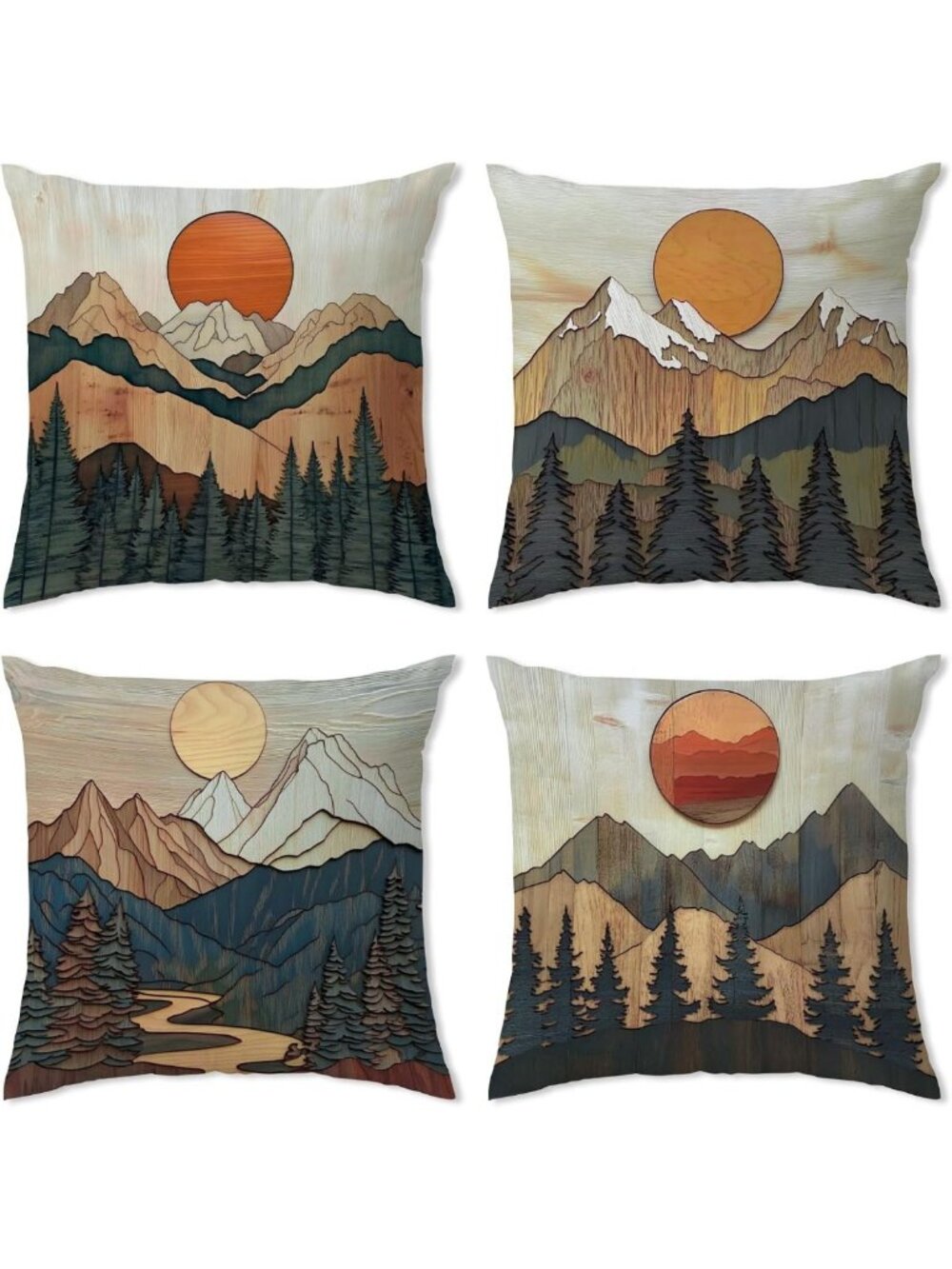 Boho Vintage Velvet Throw Pillow Covers 18x18 - Abstract Mountain Sunset Decor